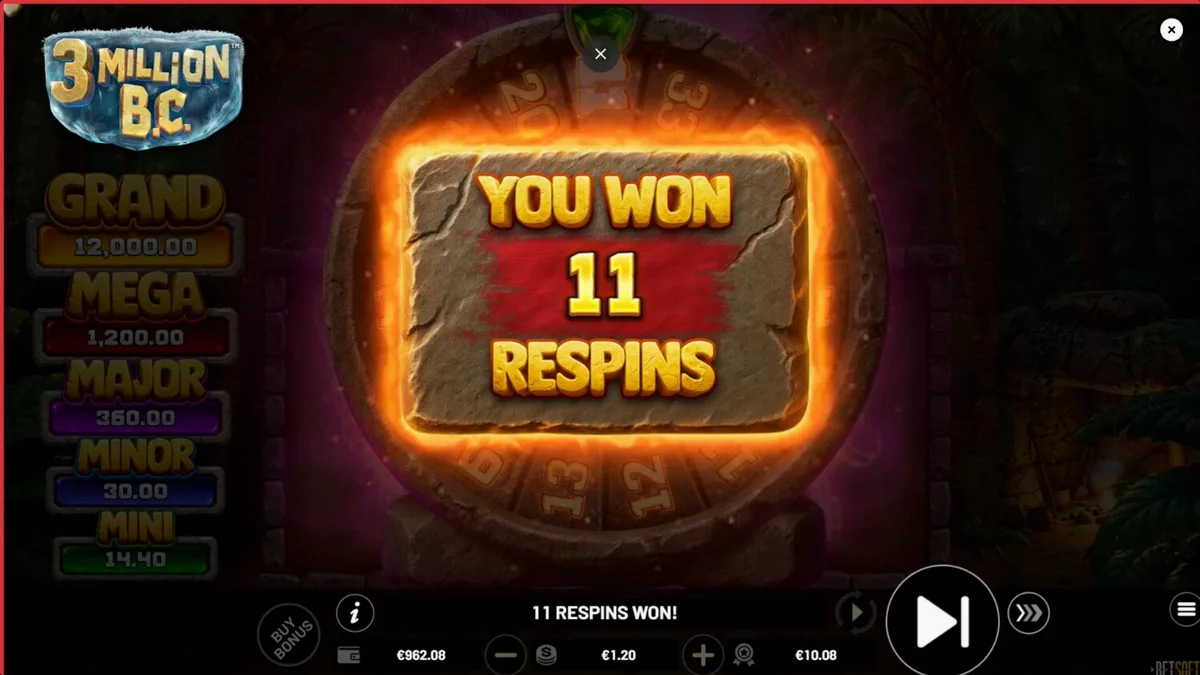 Cena de jogo do slot 3 Million B.C. com elementos pré-históricos e roda de bônus
