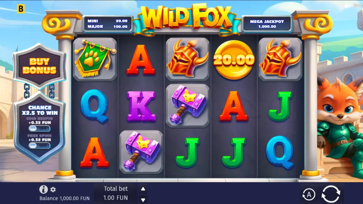 Cenário vibrante e medieval do slot Wild Fox com o personagem raposa