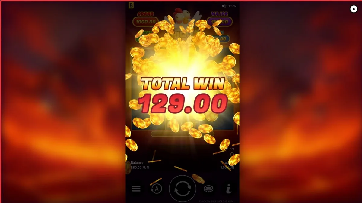 Interface do slot Chicken Fire com símbolos de frutas e um frango animado